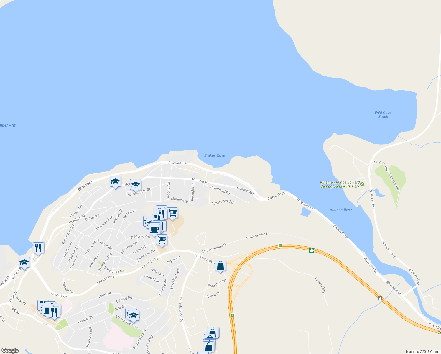 map of restaurants, bars, coffee shops, grocery stores, and more near 110 A Station Road in Corner Brook