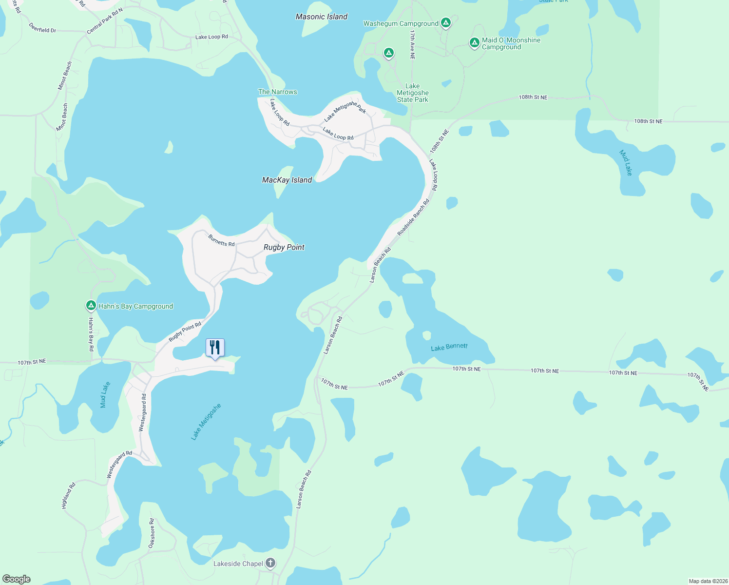 map of restaurants, bars, coffee shops, grocery stores, and more near Lake Loop Road East in Bottineau