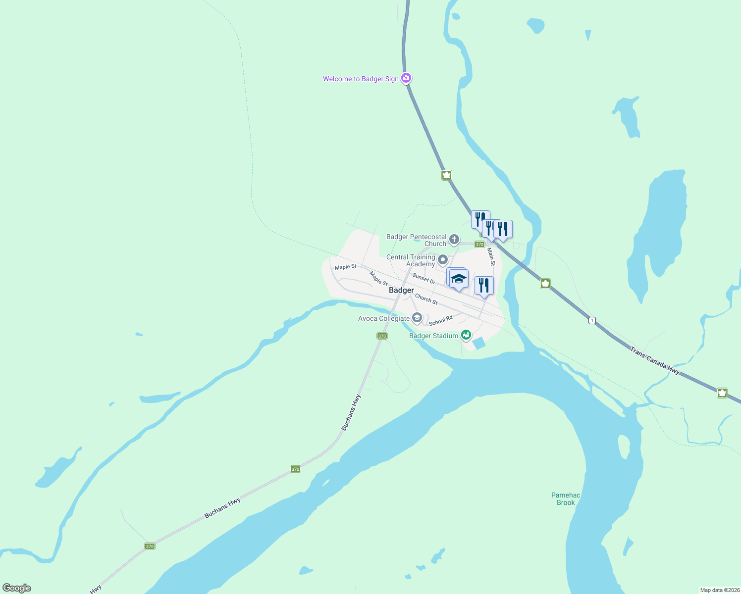 map of restaurants, bars, coffee shops, grocery stores, and more near 83 Maple Street in Badger