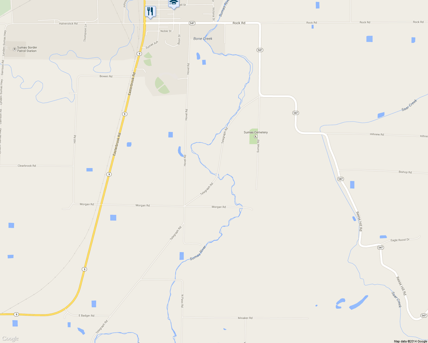 map of restaurants, bars, coffee shops, grocery stores, and more near 9295 Telegraph Rd in Sumas