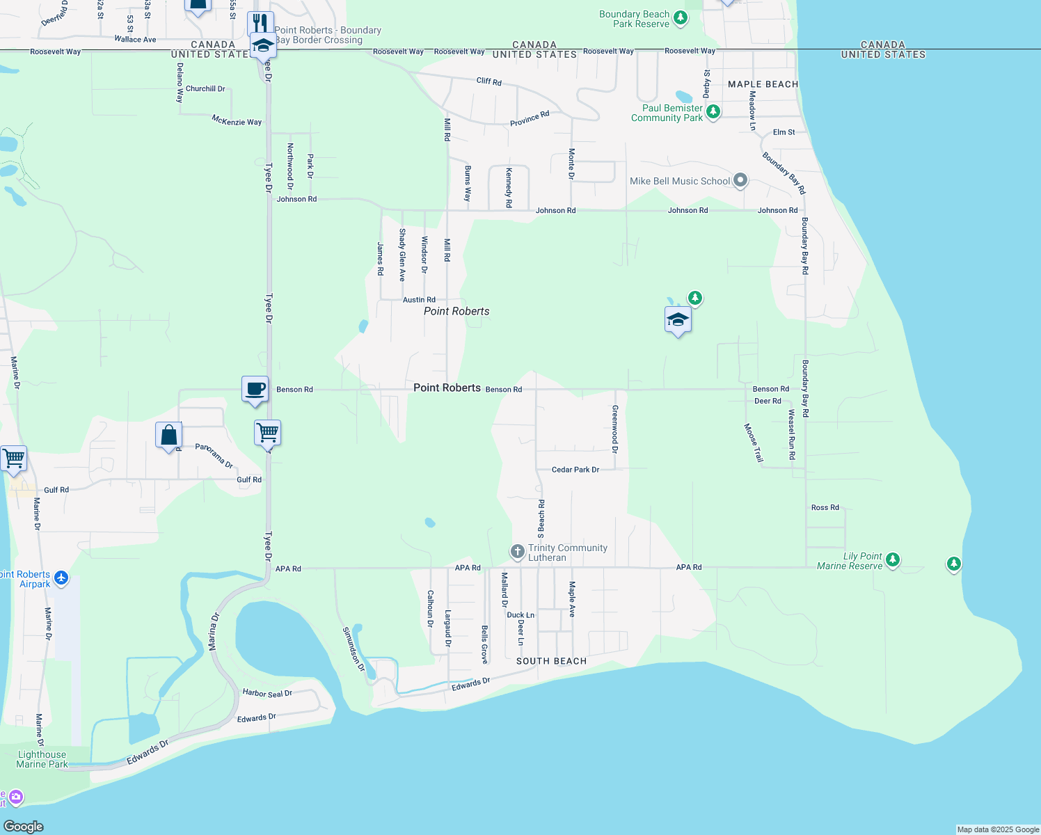 map of restaurants, bars, coffee shops, grocery stores, and more near 1878 Anderson Rd in Point Roberts