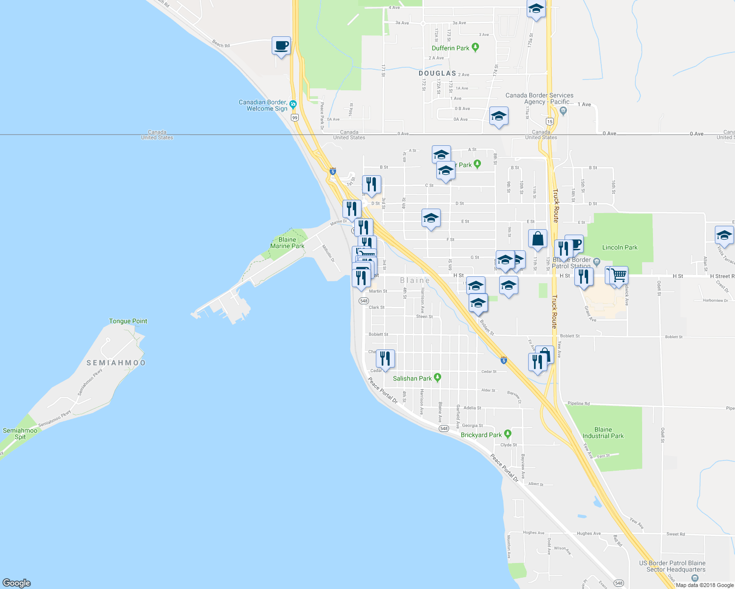 map of restaurants, bars, coffee shops, grocery stores, and more near 816 Peace Portal Drive in Blaine