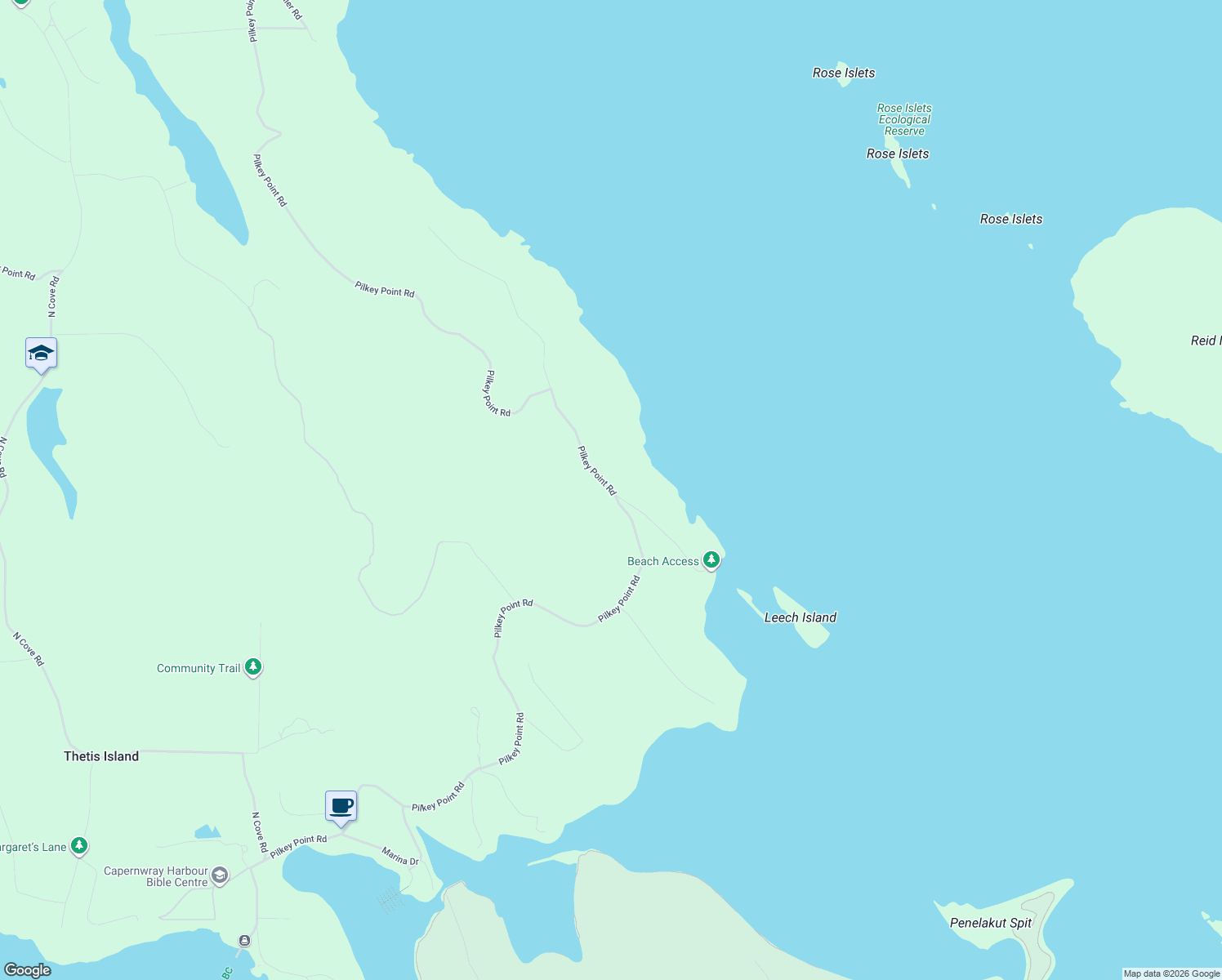 map of restaurants, bars, coffee shops, grocery stores, and more near 147 Pilkey Point Road in Thetis Island