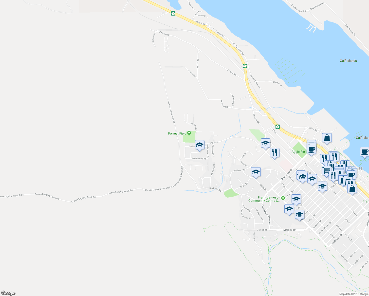 map of restaurants, bars, coffee shops, grocery stores, and more near 614 Oakwood Road in Ladysmith