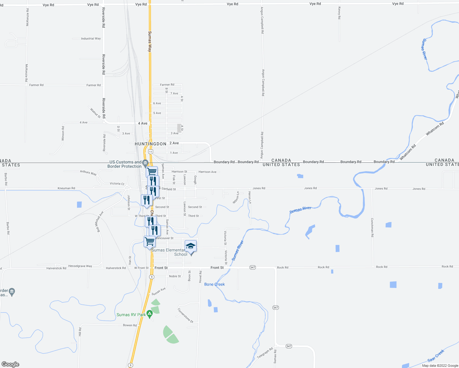 map of restaurants, bars, coffee shops, grocery stores, and more near 818 Garfield Street in Sumas