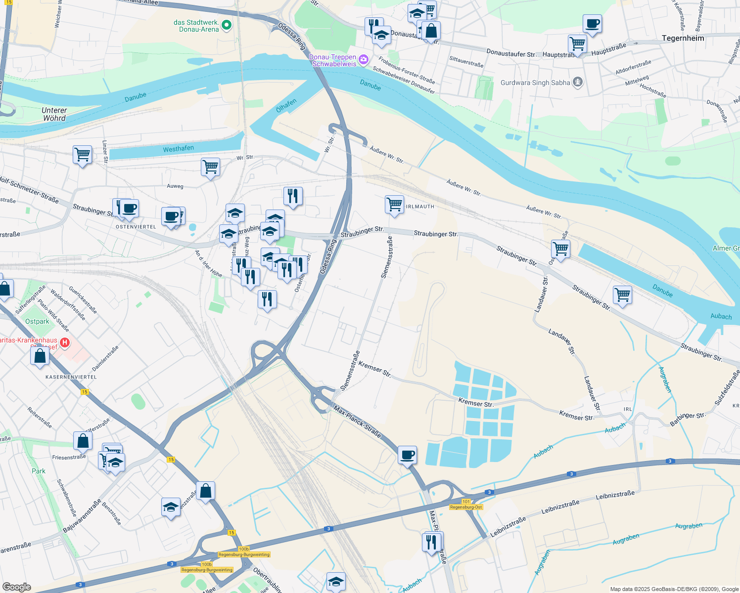 map of restaurants, bars, coffee shops, grocery stores, and more near 2 Peter-Henlein-Straße in Regensburg