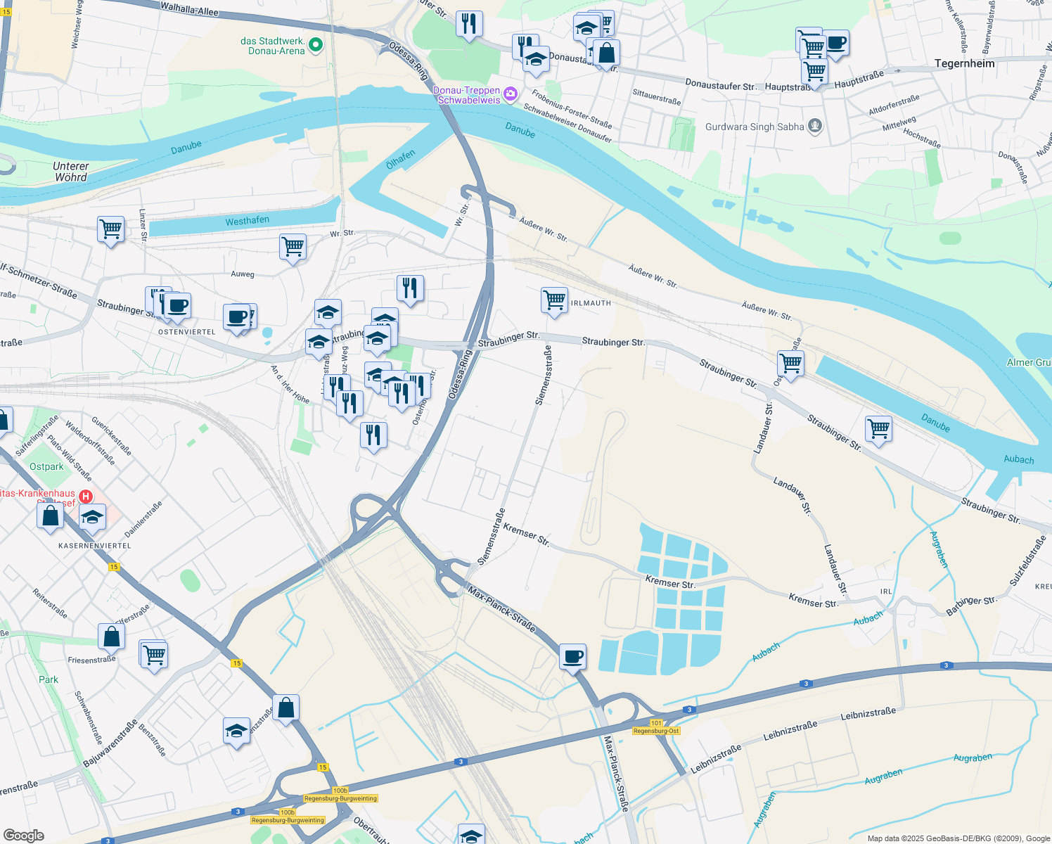 map of restaurants, bars, coffee shops, grocery stores, and more near 2 Peter-Henlein-Straße in Regensburg