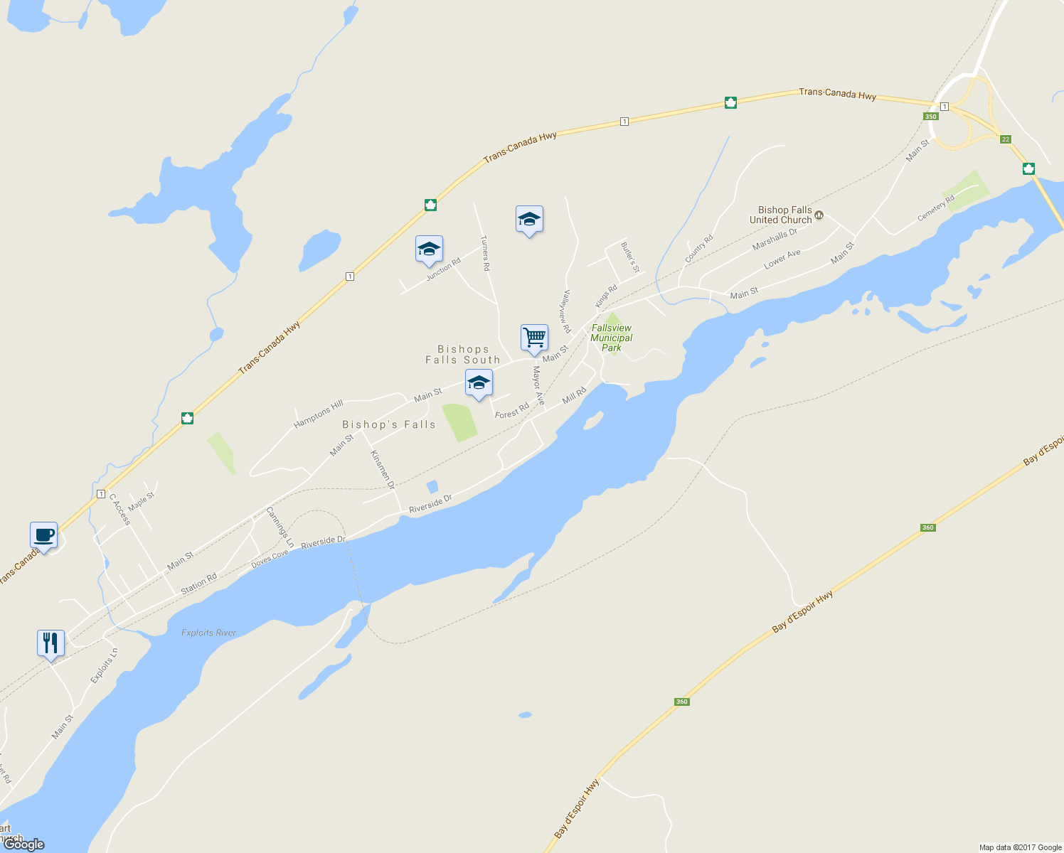 map of restaurants, bars, coffee shops, grocery stores, and more near 3 Sydney Street in Bishop's Falls