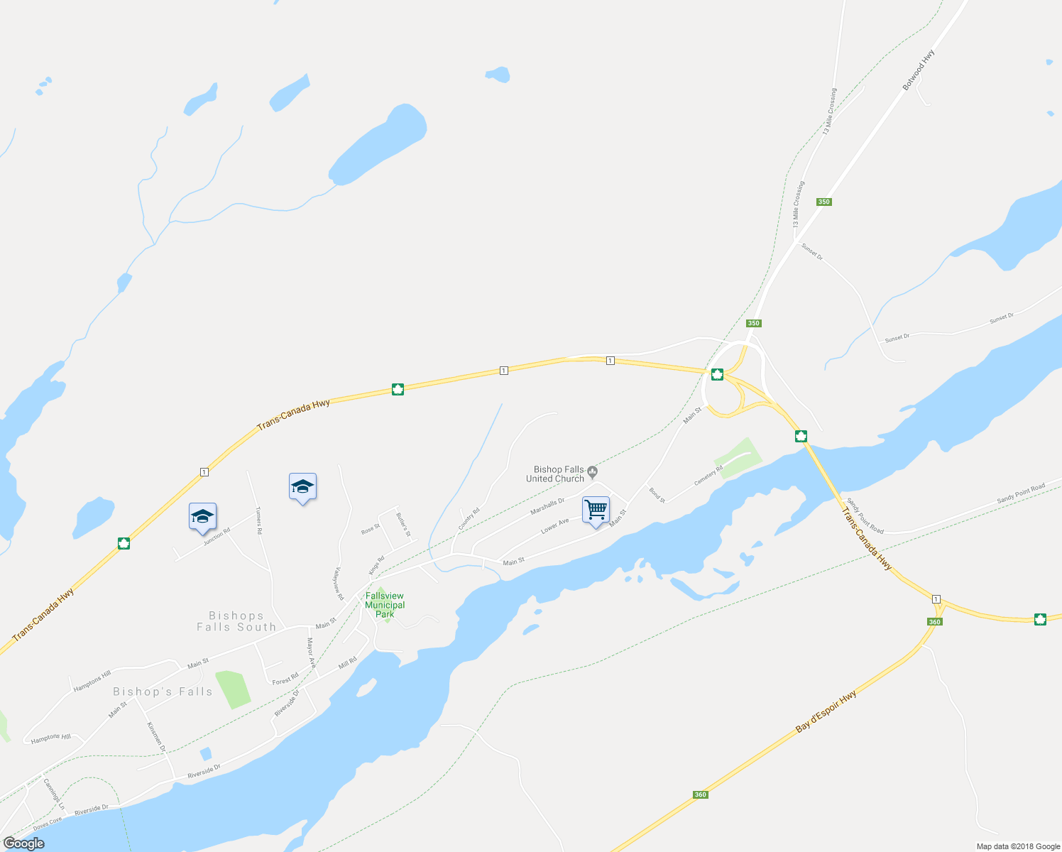 map of restaurants, bars, coffee shops, grocery stores, and more near 45 Country Road in Bishop's Falls