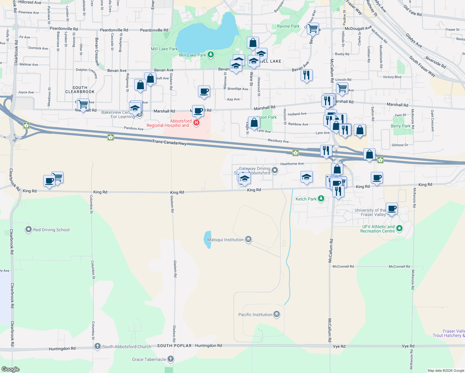 map of restaurants, bars, coffee shops, grocery stores, and more near 1624 Jackson Street in Abbotsford