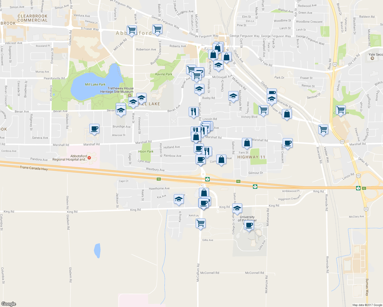 map of restaurants, bars, coffee shops, grocery stores, and more near in Abbotsford