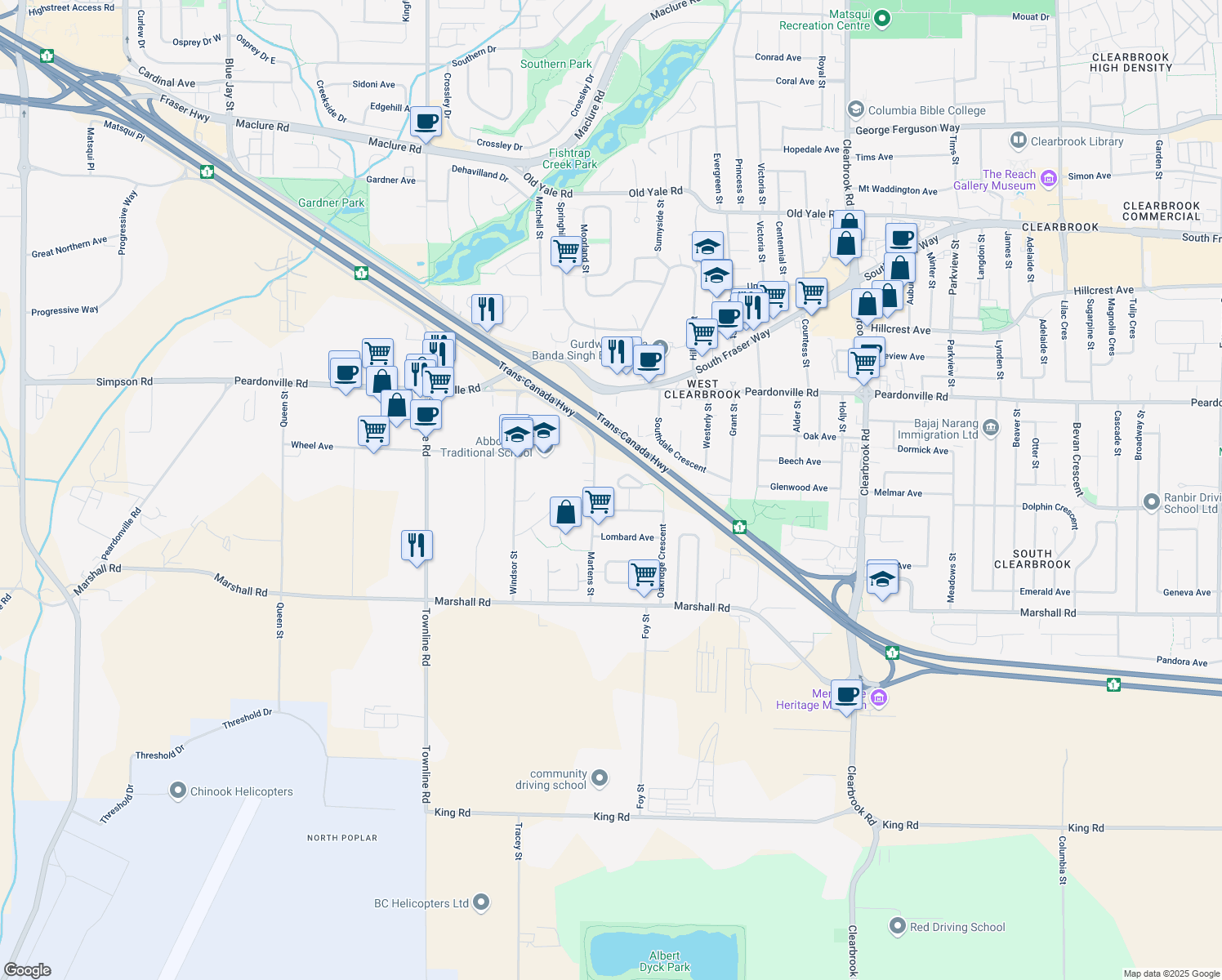 map of restaurants, bars, coffee shops, grocery stores, and more near 2211 Crystal Court in Abbotsford
