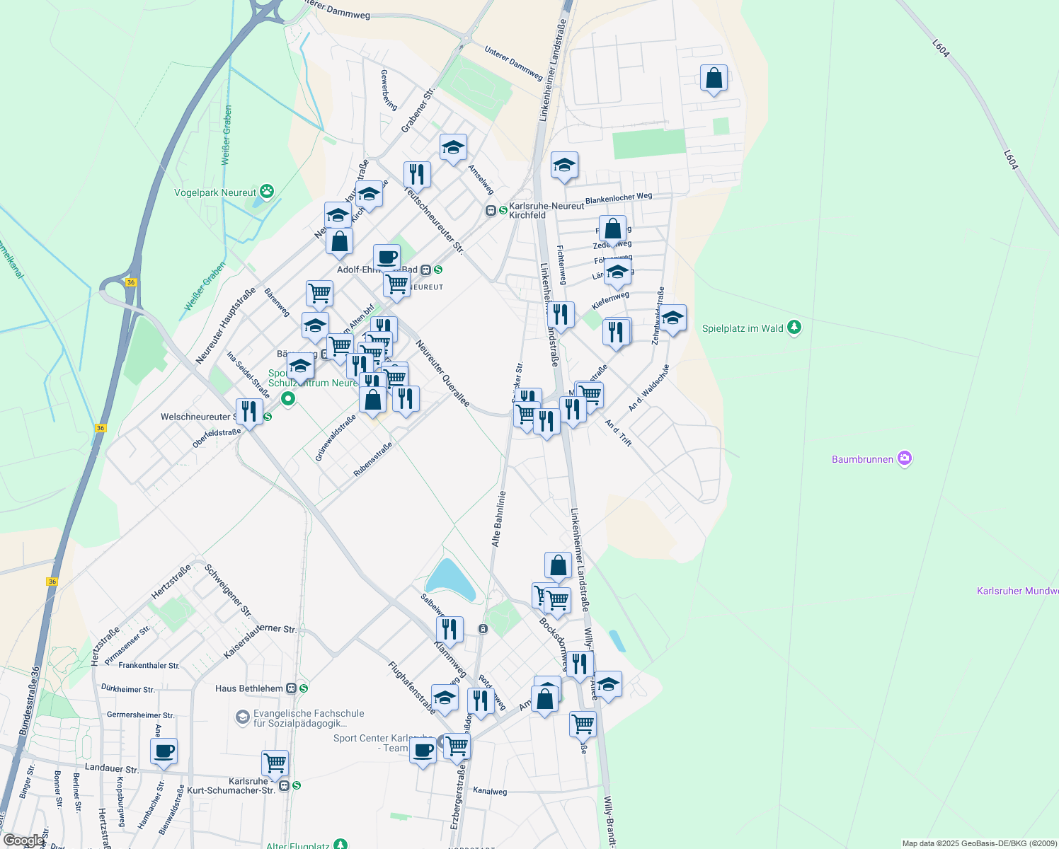 map of restaurants, bars, coffee shops, grocery stores, and more near 1 Am Sandfeld in Karlsruhe