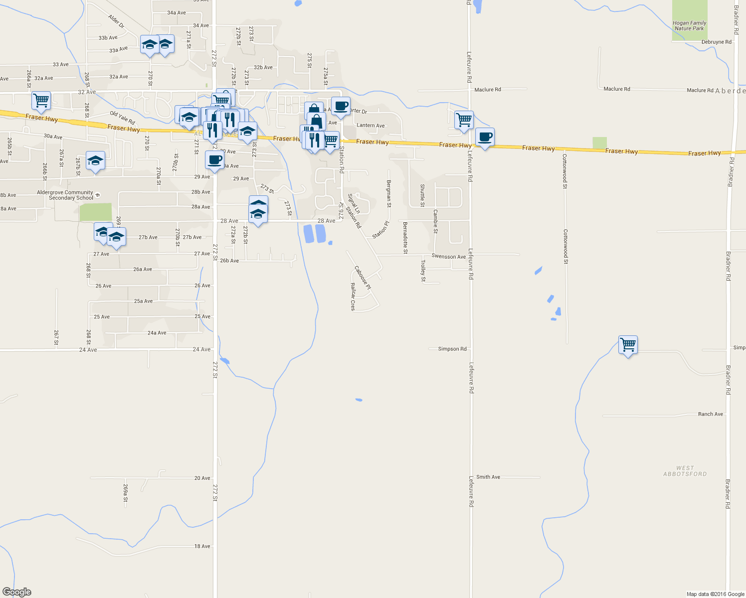 map of restaurants, bars, coffee shops, grocery stores, and more near 2557 Caboose Place in Abbotsford