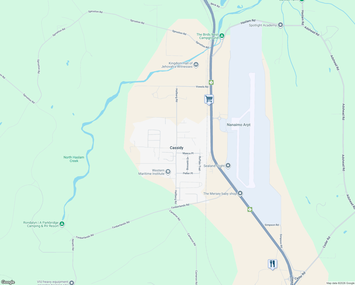 map of restaurants, bars, coffee shops, grocery stores, and more near 3398 Hallberg Road in Ladysmith