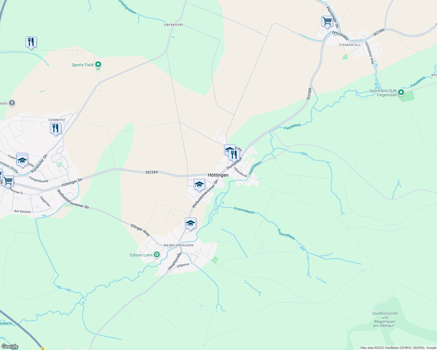 map of restaurants, bars, coffee shops, grocery stores, and more near in Höttingen