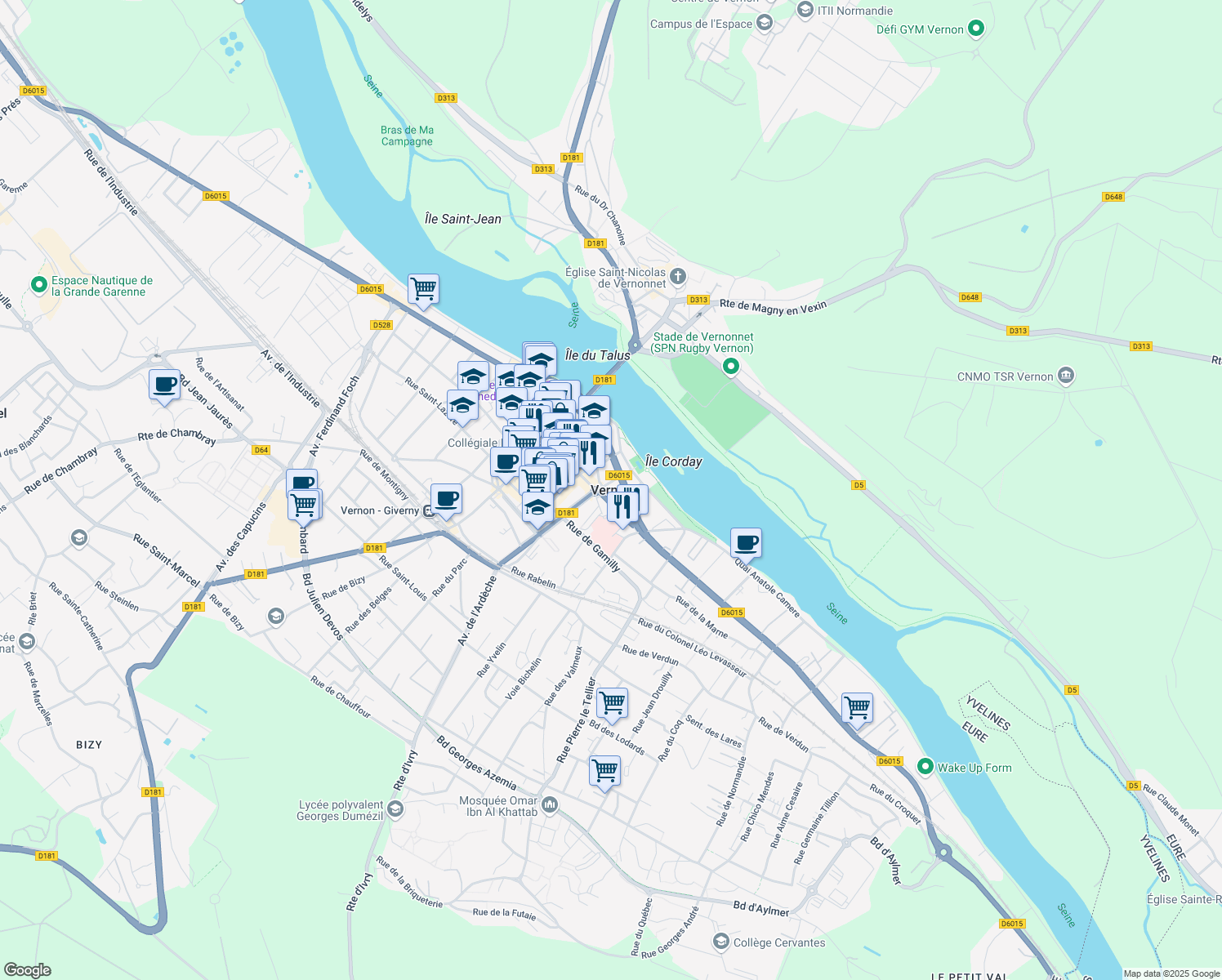 map of restaurants, bars, coffee shops, grocery stores, and more near in Vernon