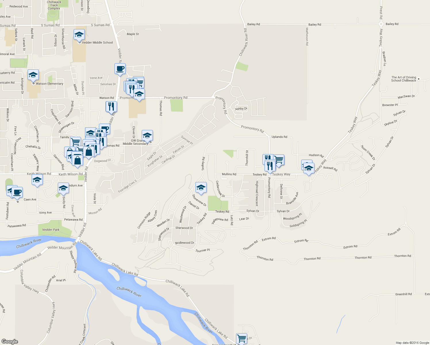 map of restaurants, bars, coffee shops, grocery stores, and more near 5591 Cedar Creek Drive in Chilliwack