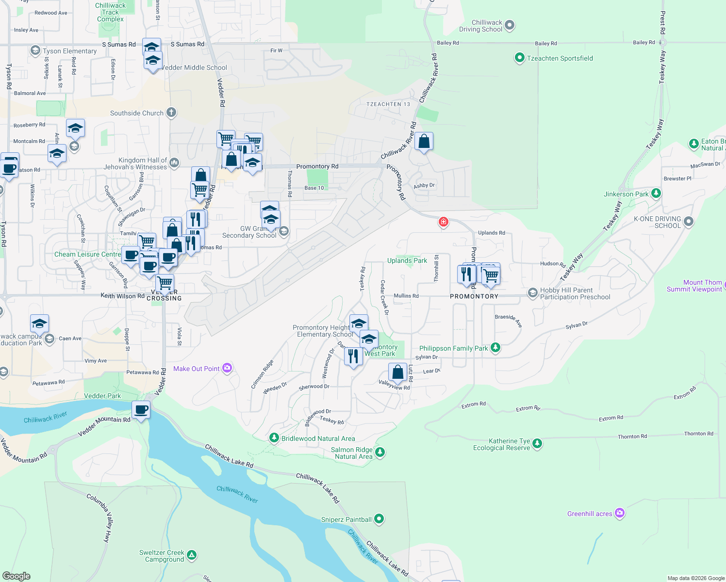 map of restaurants, bars, coffee shops, grocery stores, and more near 4727 Teskey Road in Chilliwack