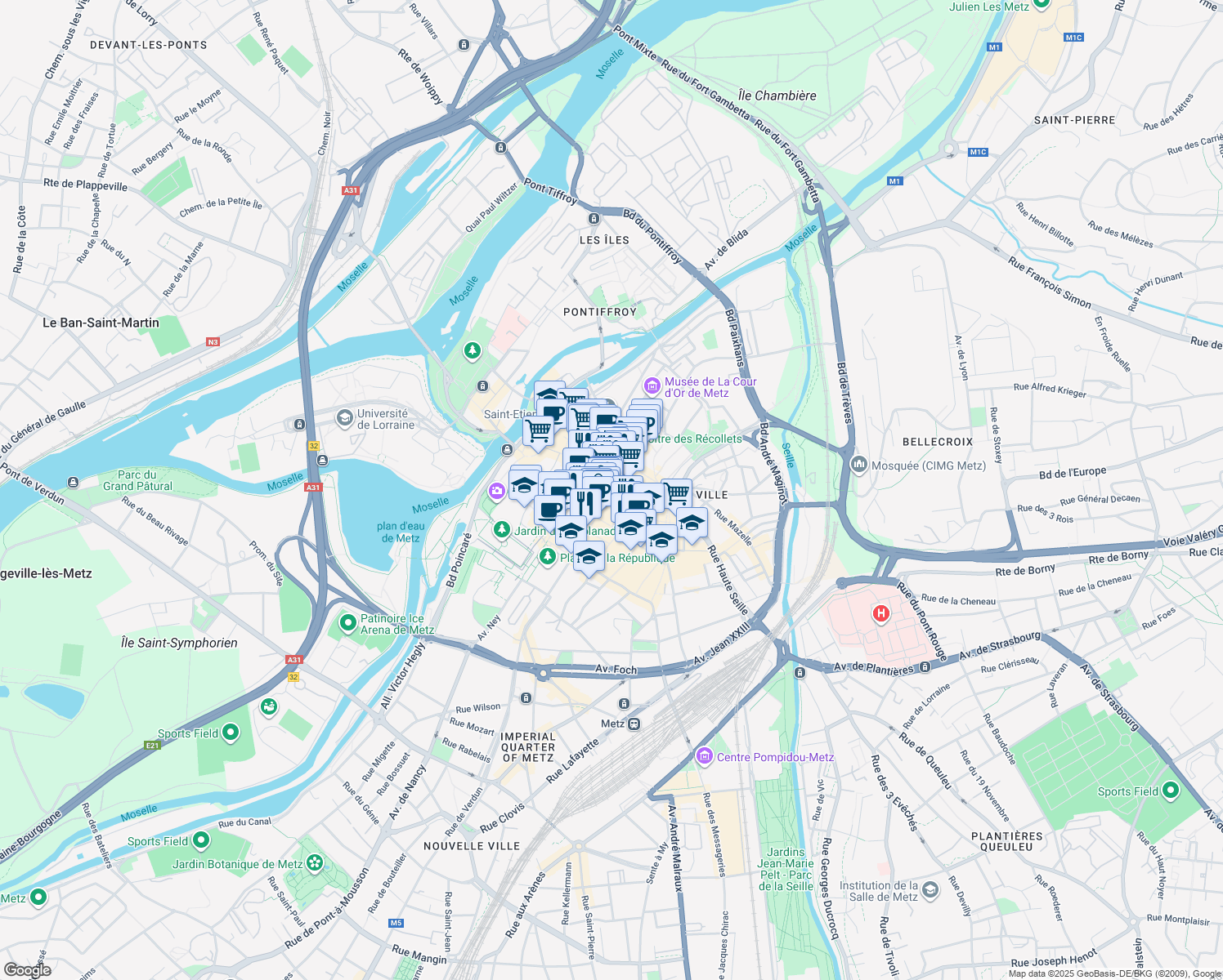 map of restaurants, bars, coffee shops, grocery stores, and more near in Metz