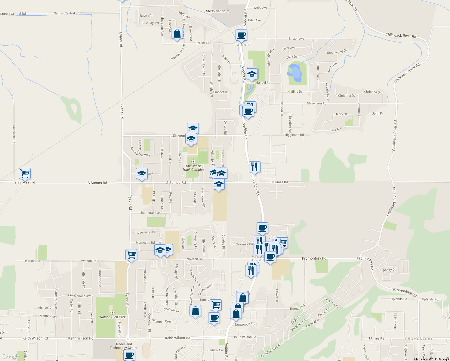 map of restaurants, bars, coffee shops, grocery stores, and more near 45595 South Sumas Road in Chilliwack