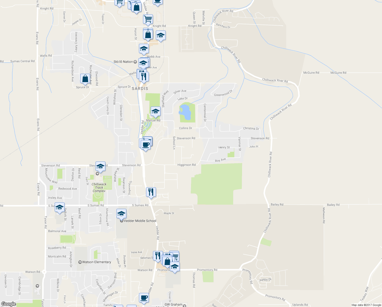 map of restaurants, bars, coffee shops, grocery stores, and more near 45983 Ivy Avenue in Chilliwack