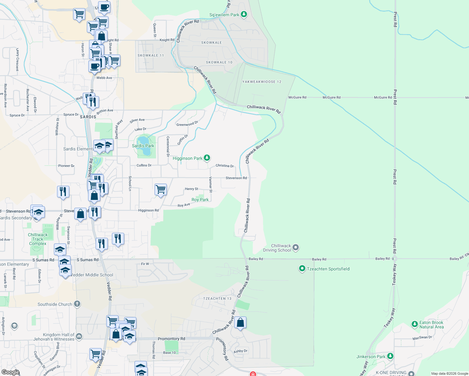 map of restaurants, bars, coffee shops, grocery stores, and more near 46405 John Pl in Chilliwack