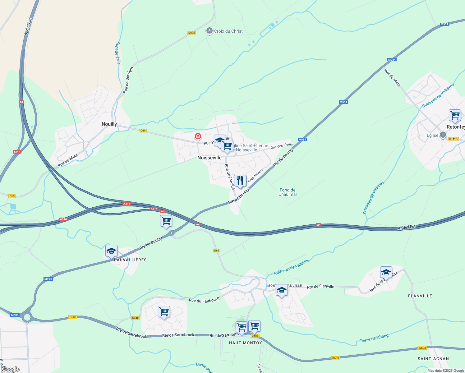 map of restaurants, bars, coffee shops, grocery stores, and more near 8 Le Mas au Lièvre in Noisseville