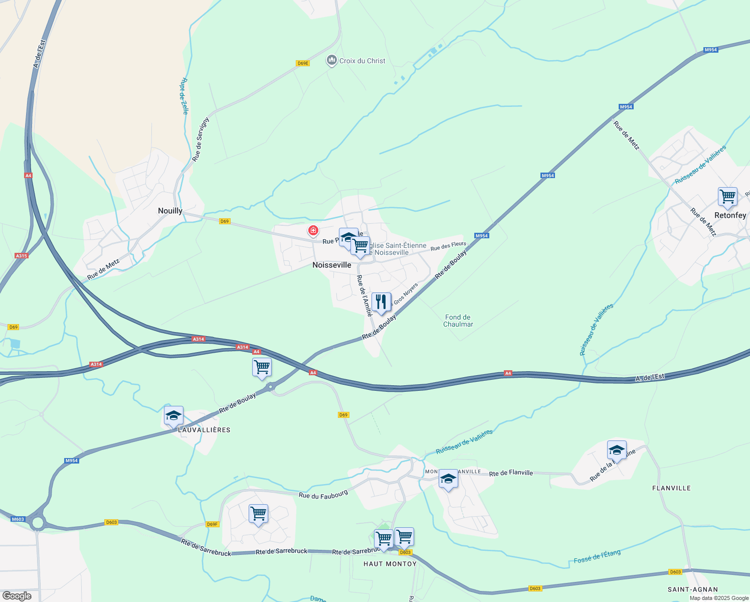 map of restaurants, bars, coffee shops, grocery stores, and more near 8 Le Mas au Lièvre in Noisseville