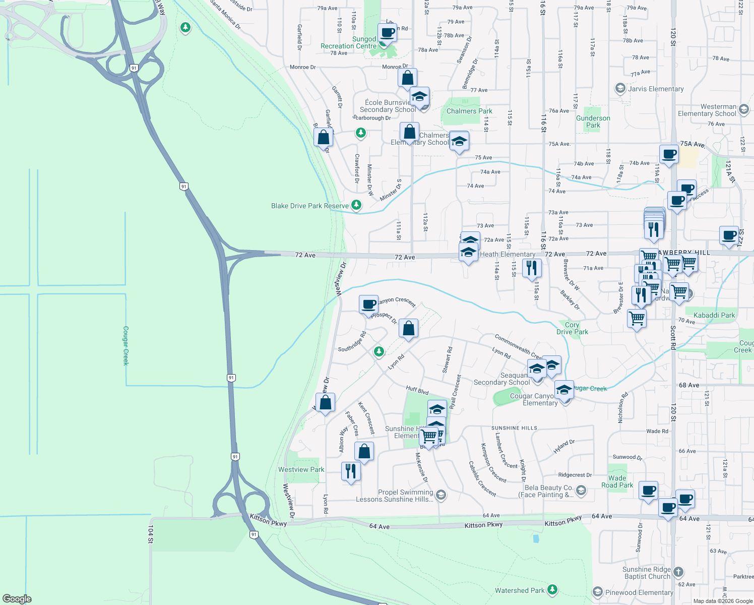 map of restaurants, bars, coffee shops, grocery stores, and more near 11101 Canyon Crescent in Delta