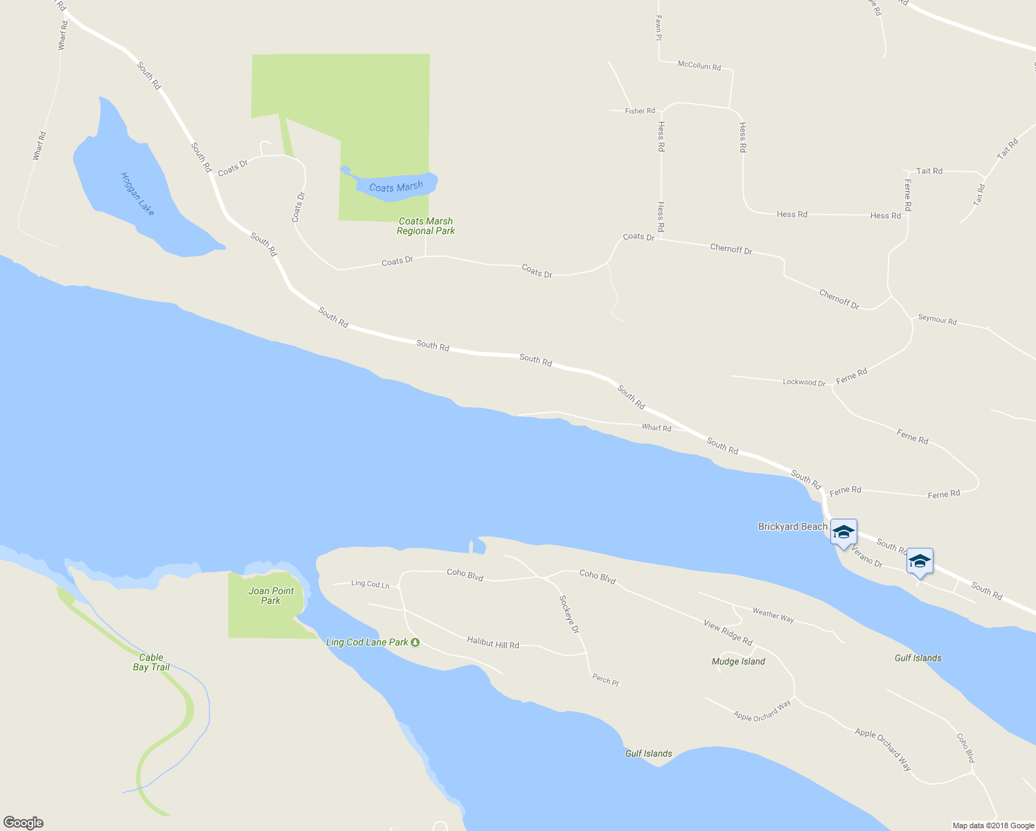 map of restaurants, bars, coffee shops, grocery stores, and more near Wharf Road in Gabriola