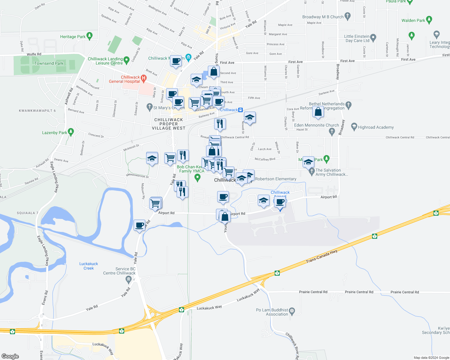 map of restaurants, bars, coffee shops, grocery stores, and more near in Chilliwack
