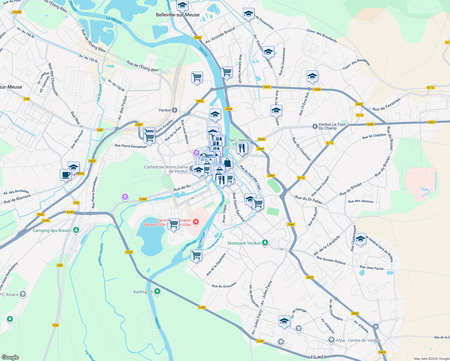 map of restaurants, bars, coffee shops, grocery stores, and more near 1 Avenue de Douaumont in Verdun