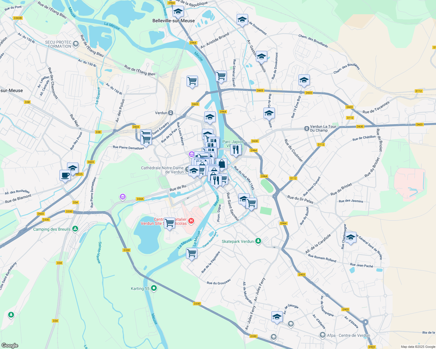 map of restaurants, bars, coffee shops, grocery stores, and more near 1 Avenue de Douaumont in Verdun