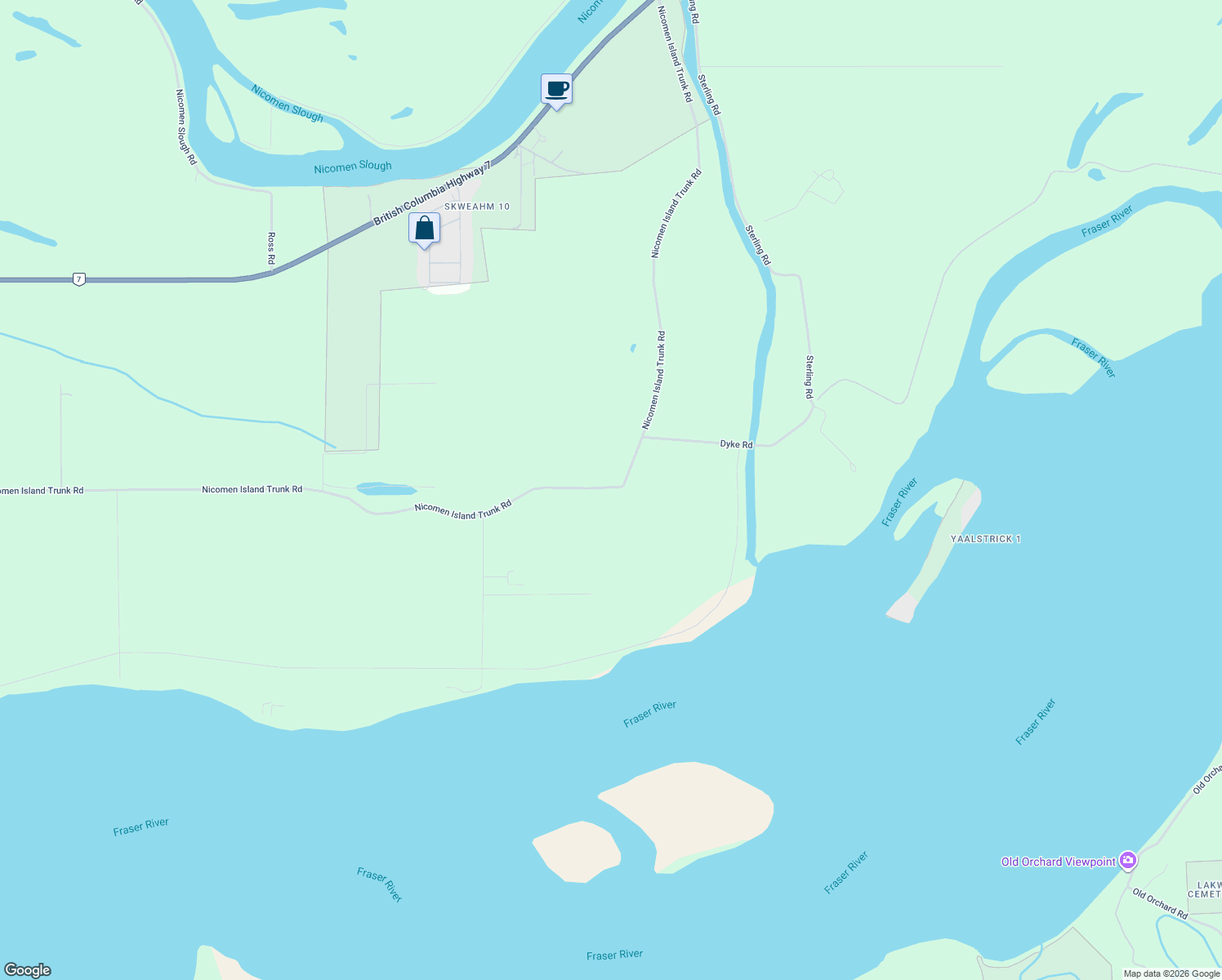 map of restaurants, bars, coffee shops, grocery stores, and more near 41312 Nicomen Island Trunk Road in Deroche