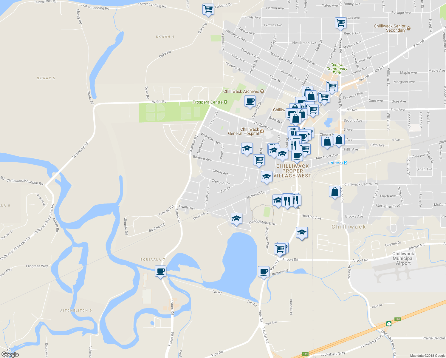 map of restaurants, bars, coffee shops, grocery stores, and more near 45361 Crescent Drive in Chilliwack