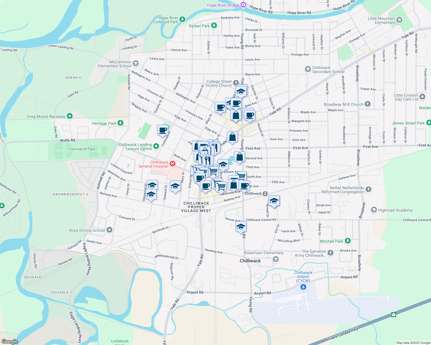 map of restaurants, bars, coffee shops, grocery stores, and more near 45840 Cheam Avenue in Chilliwack