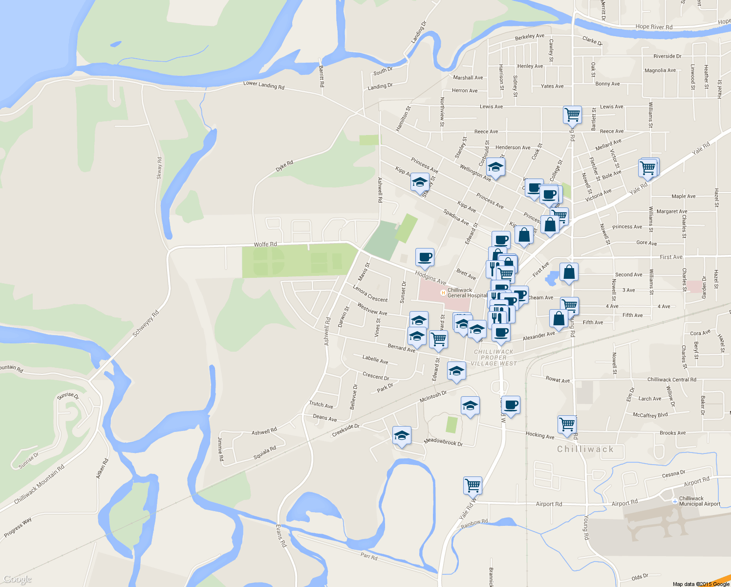 map of restaurants, bars, coffee shops, grocery stores, and more near 45268 Lenora Crescent in Chilliwack