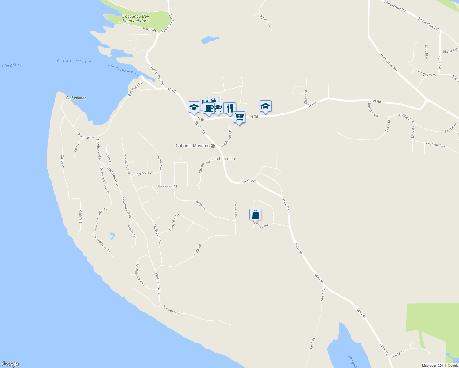 map of restaurants, bars, coffee shops, grocery stores, and more near Gabriola Road in Victoria