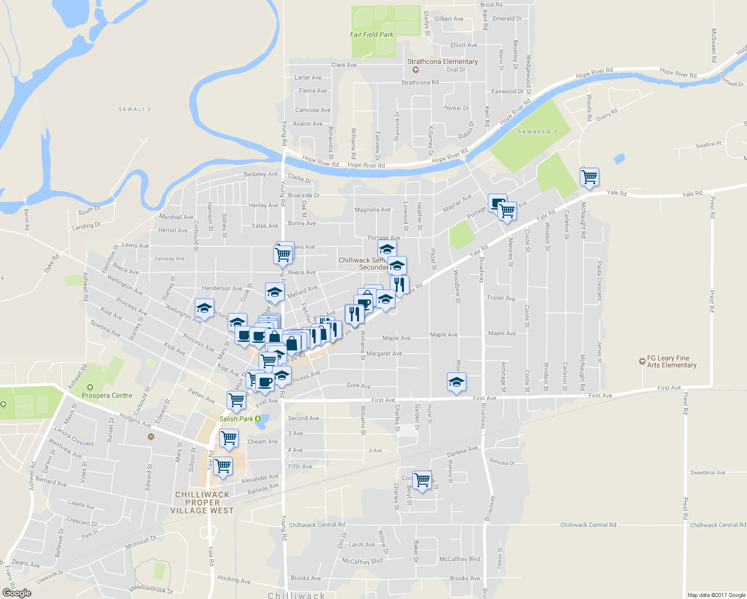map of restaurants, bars, coffee shops, grocery stores, and more near 9490 Williams Street in Chilliwack