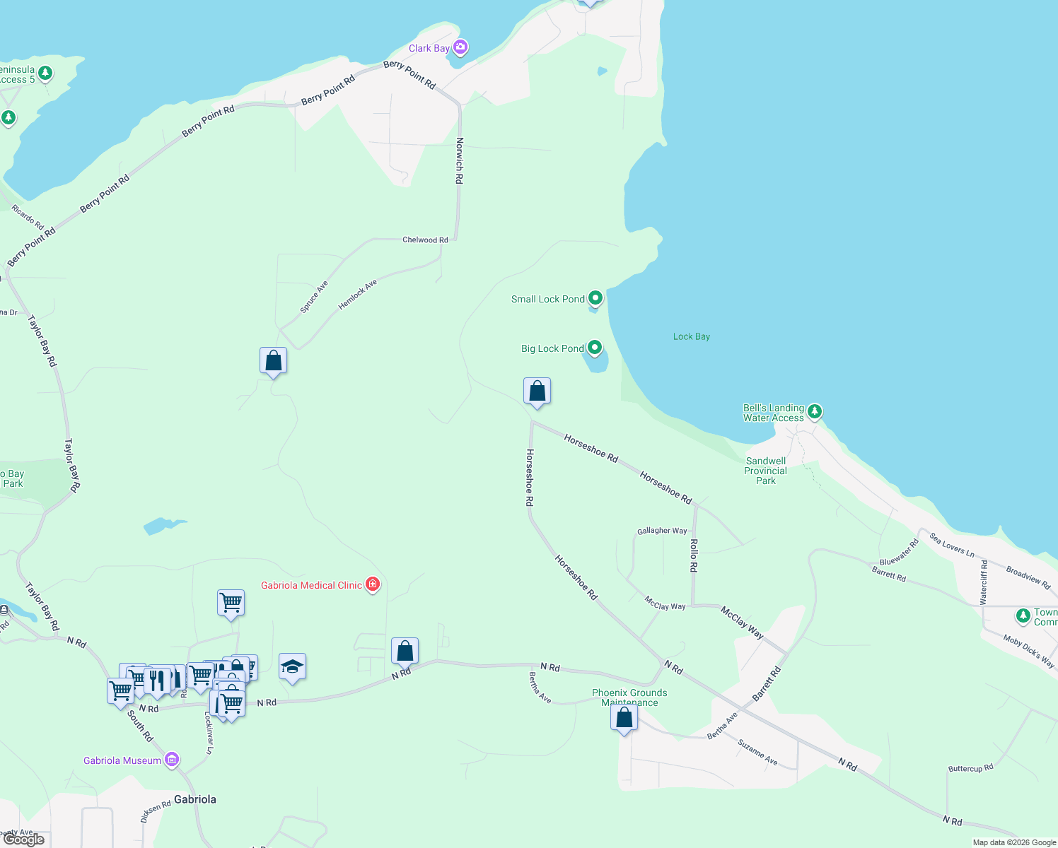map of restaurants, bars, coffee shops, grocery stores, and more near 809 Horseshoe Road in Gabriola