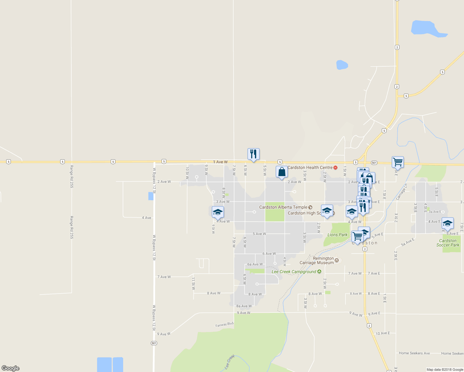 map of restaurants, bars, coffee shops, grocery stores, and more near 221 7 Street West in Cardston