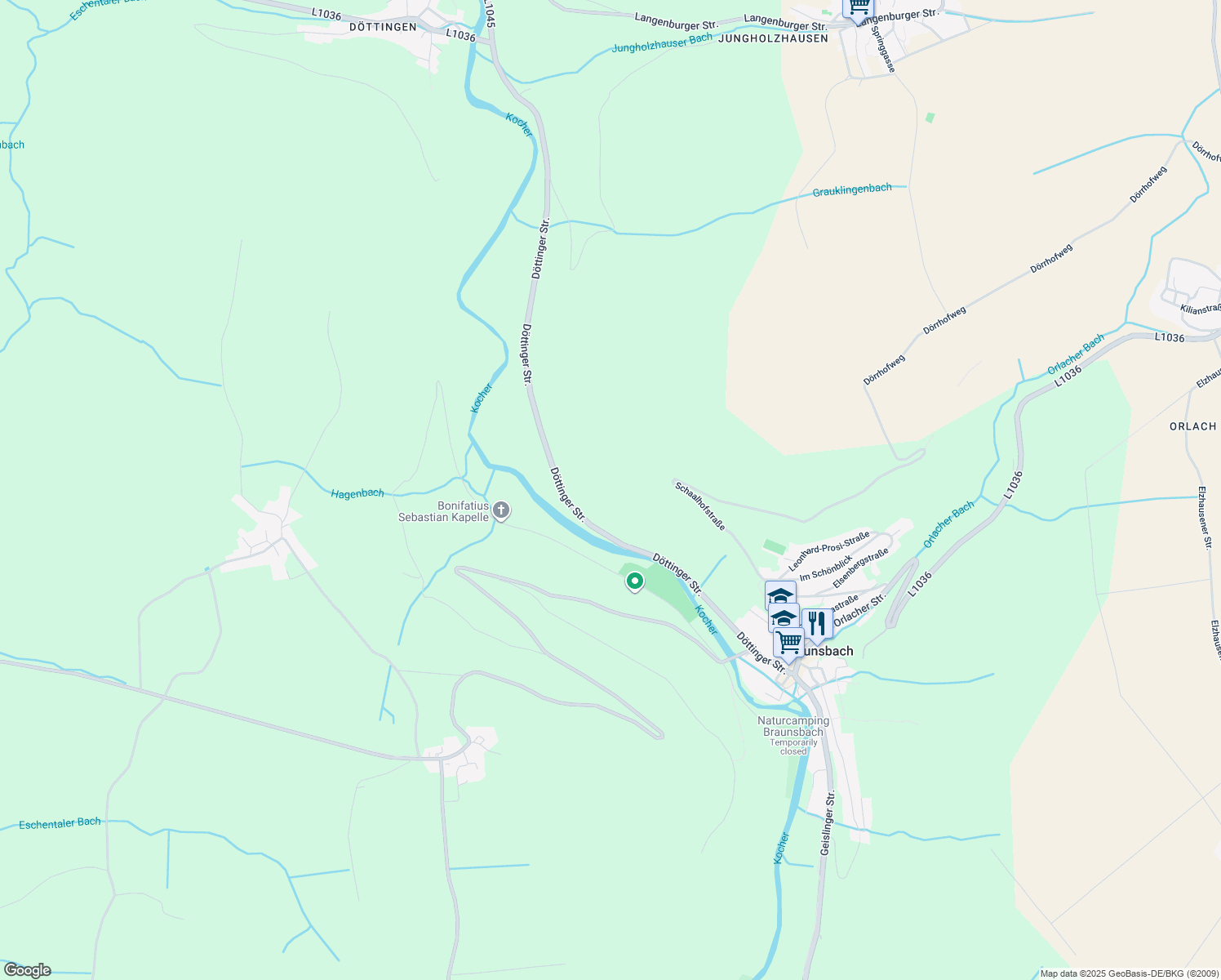 map of restaurants, bars, coffee shops, grocery stores, and more near in Braunsbach