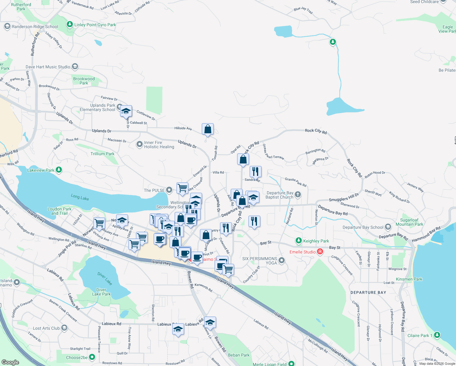 map of restaurants, bars, coffee shops, grocery stores, and more near 3240 Adby Road in Nanaimo