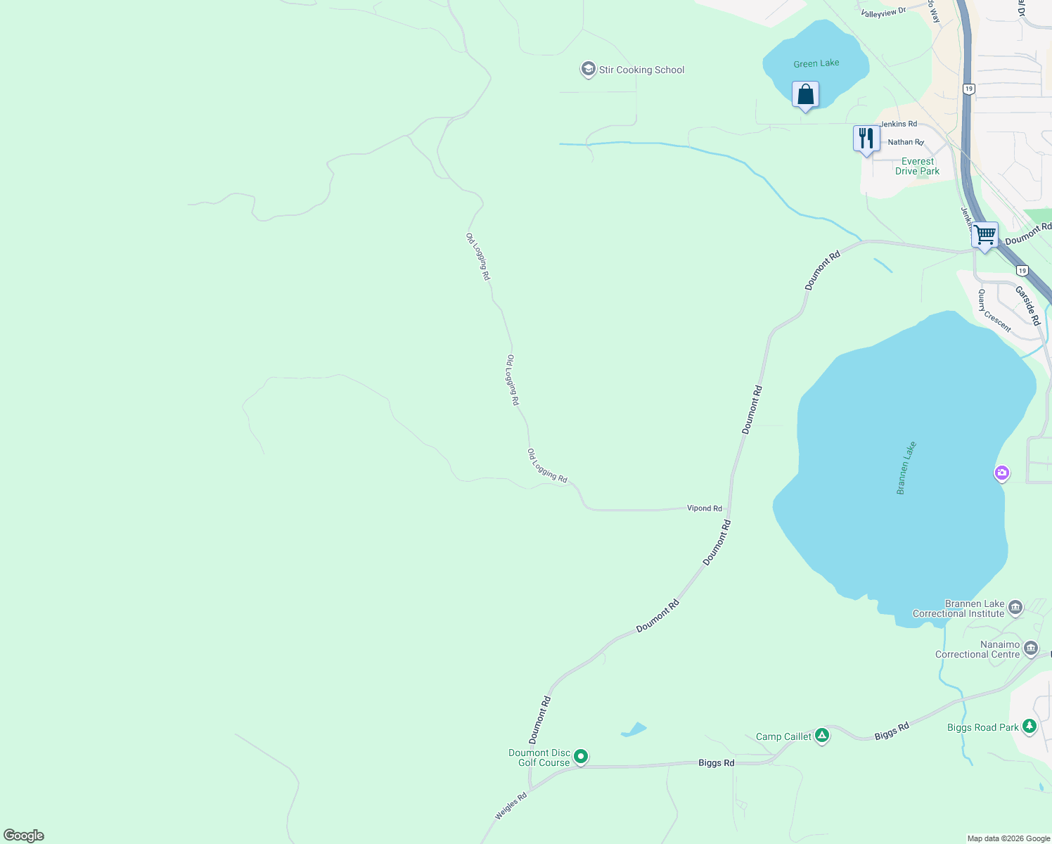 map of restaurants, bars, coffee shops, grocery stores, and more near Old Logging Road in Nanaimo