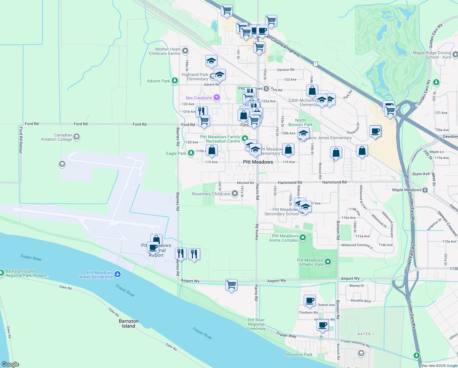 map of restaurants, bars, coffee shops, grocery stores, and more near 19050 Mitchell Road in Pitt Meadows