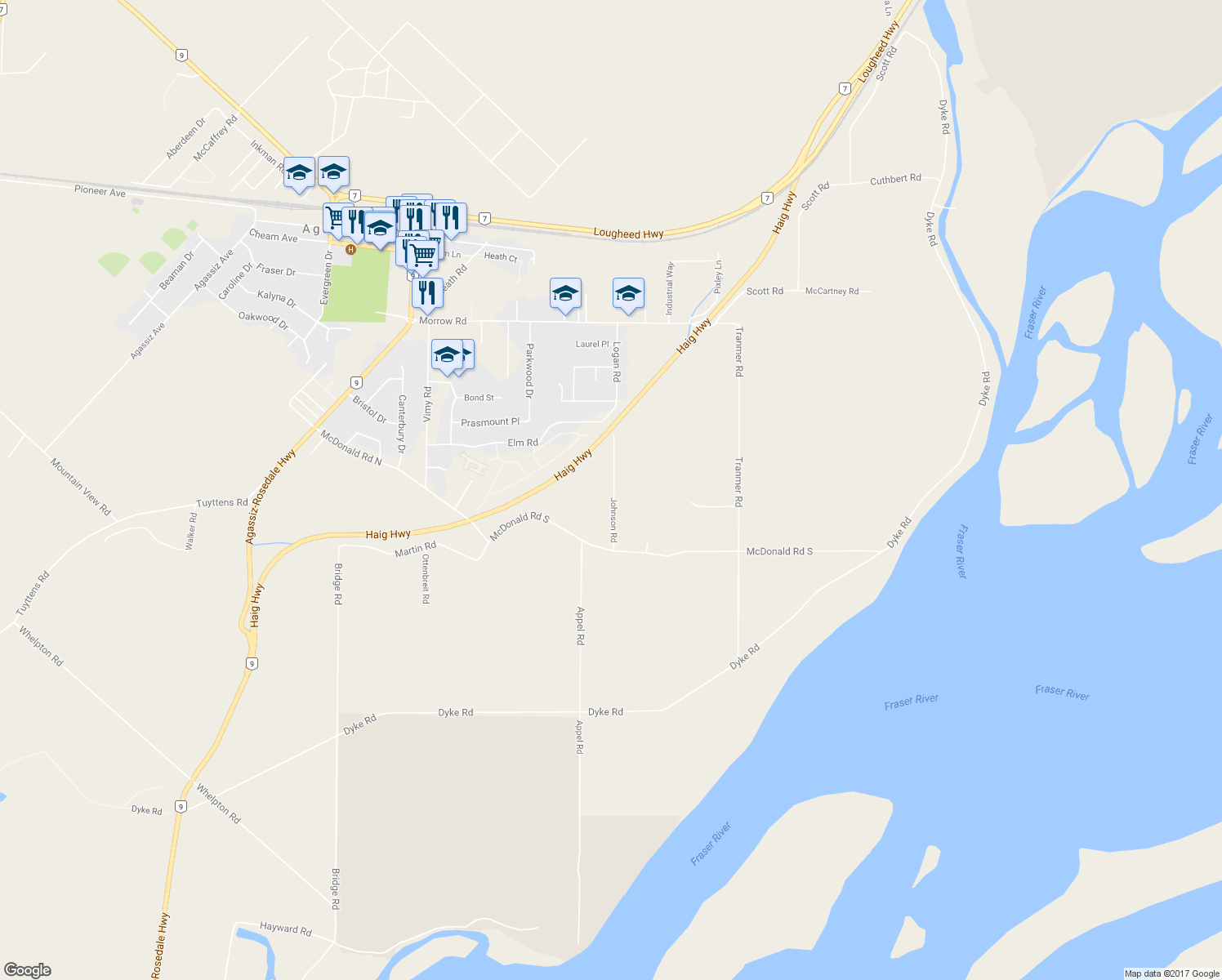 map of restaurants, bars, coffee shops, grocery stores, and more near 1460 Johnson Road in Agassiz
