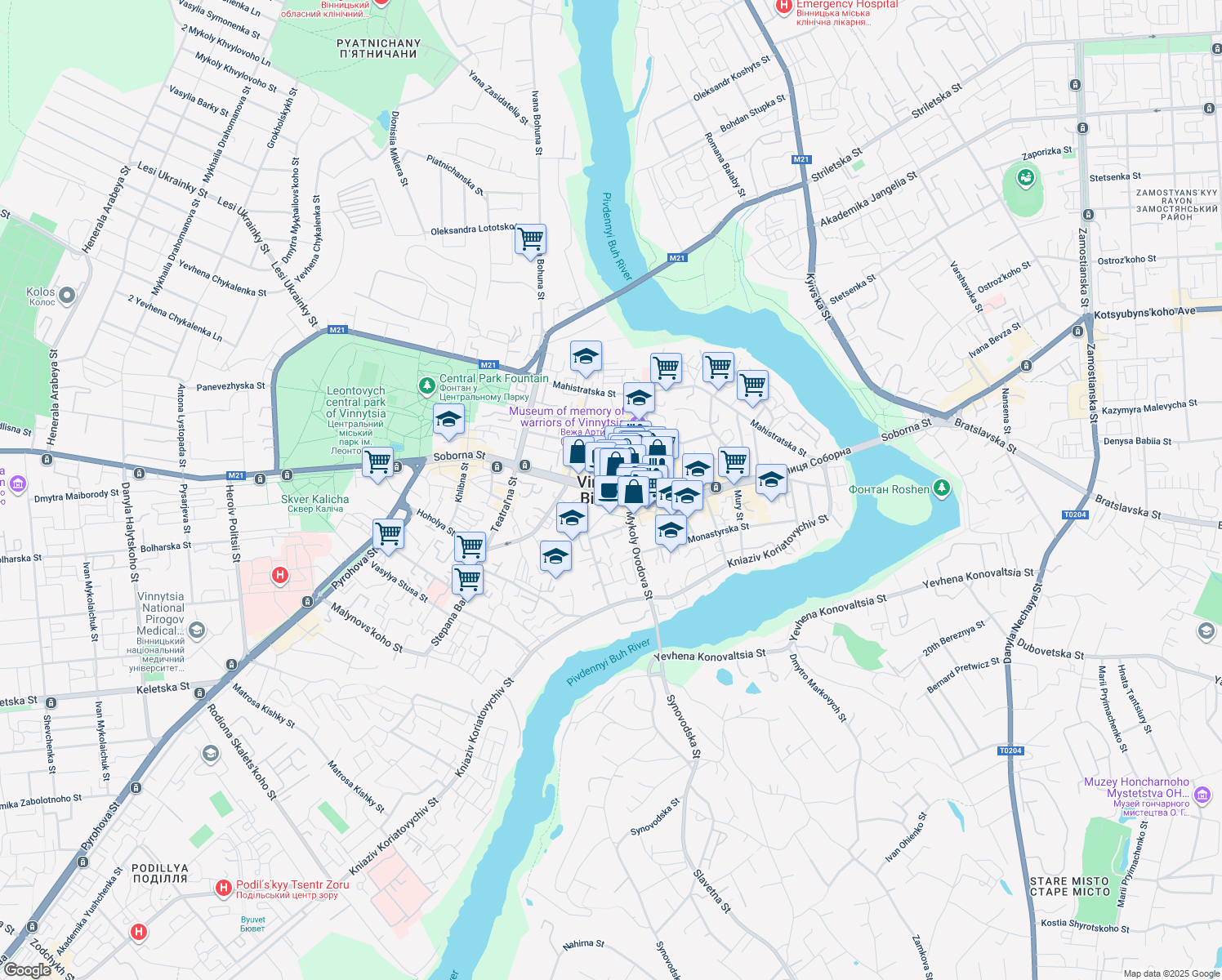 map of restaurants, bars, coffee shops, grocery stores, and more near in Vinnytsia