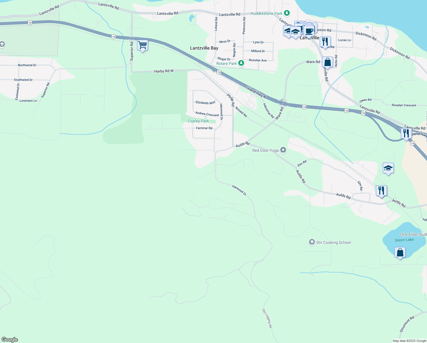 map of restaurants, bars, coffee shops, grocery stores, and more near 6633 Old Logging Road in Lantzville