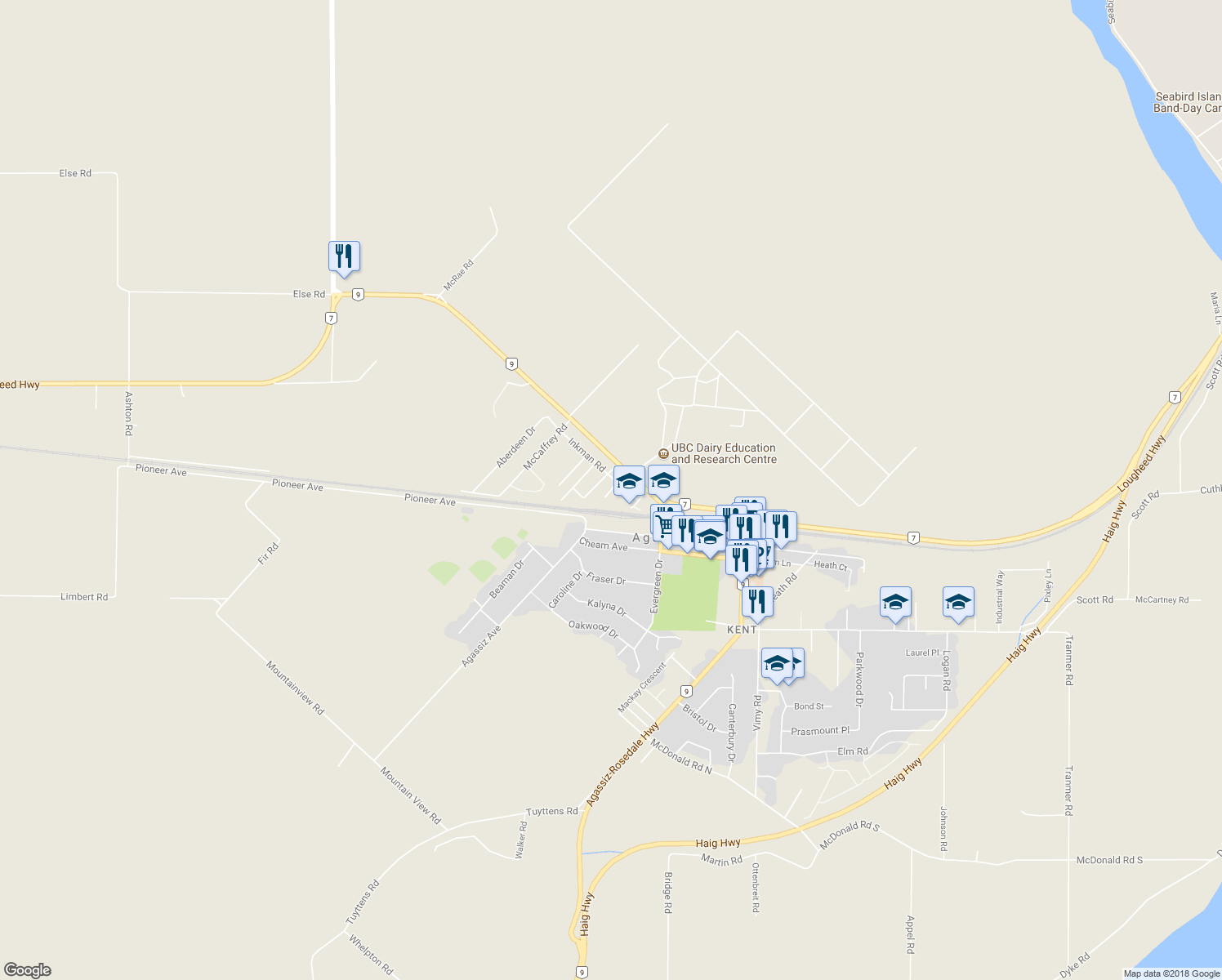 map of restaurants, bars, coffee shops, grocery stores, and more near 2070 Dunn Place in Agassiz